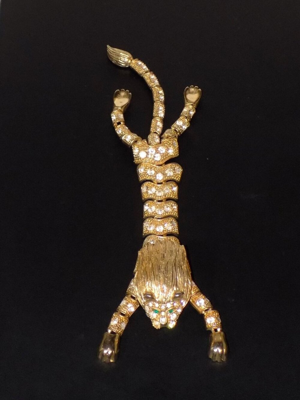 Vintage 8" Over-the-Shoulder Segmented Rhinestone Lion Double Pin Brooch